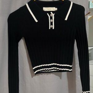 Vintage Croquet Black and White Collared Women's Top
